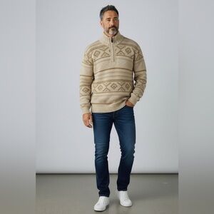 St John's Bay Men's Sweater XL Tan Cream Wool Cotton 1/4 Zip Pullover Fair Isle